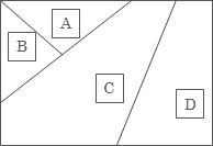 下のような図形を、青、赤、黄、緑の4色からいくつかの色を使って、A、B、C、Dの4つを塗り分ける。このとき、同じ色を何回使ってもよいが、隣り合う部分の色が異なるような塗り方は何通りか。
